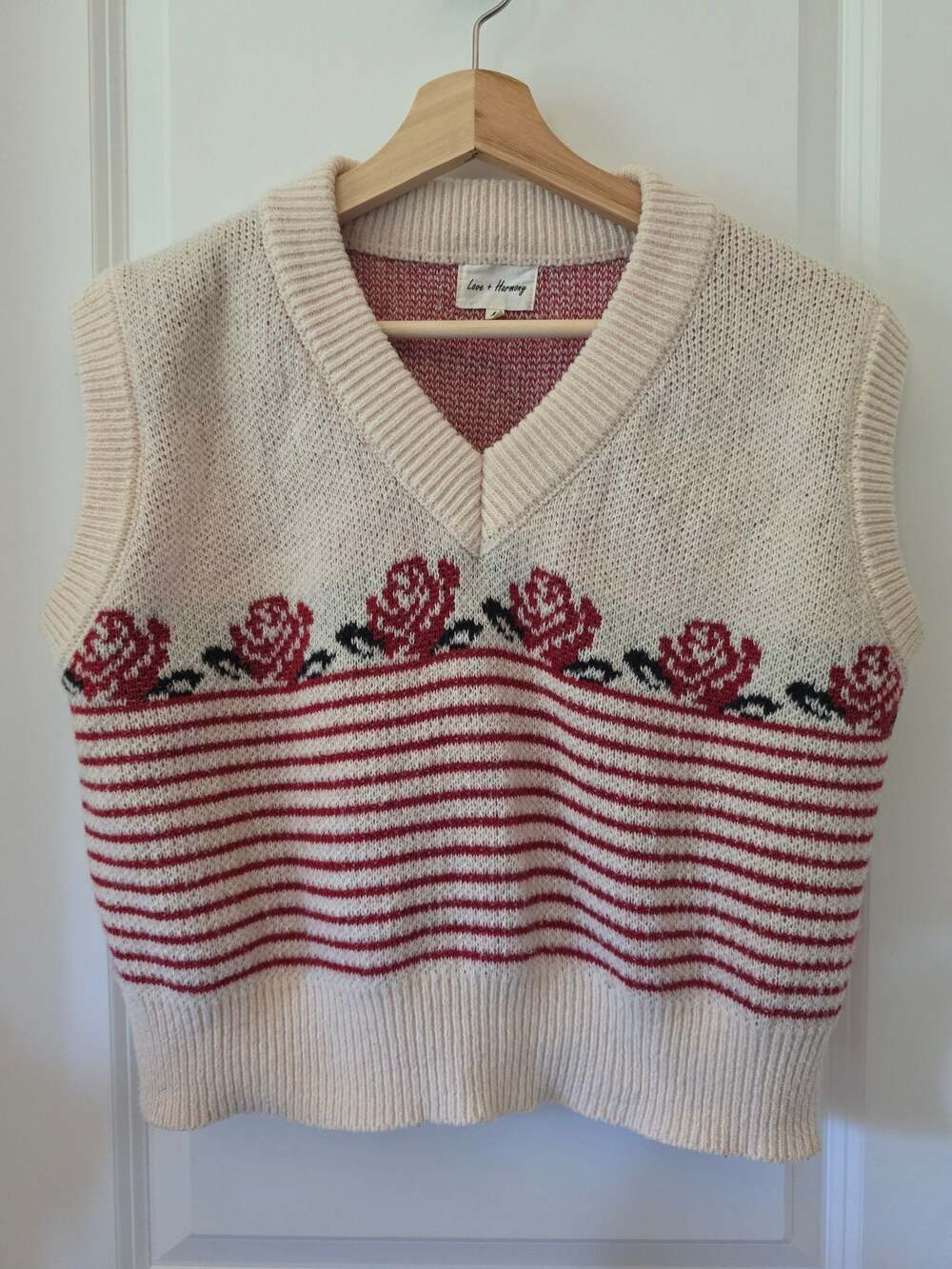 Love + Harmony Sweater Vest Cream Red Rose Striped Knit V Neck Cottagecore W-Med
